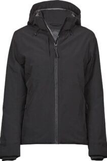 Schwarze Damenjacke mit Kapuze – Frontansicht für Textildruck und Veredelung