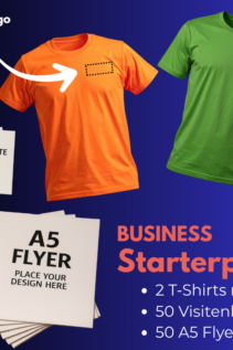 Business Starterpaket – zwei T-Shirts mit Druck, 50 Visitenkarten und 50 A5 Flyer als Werbepaket