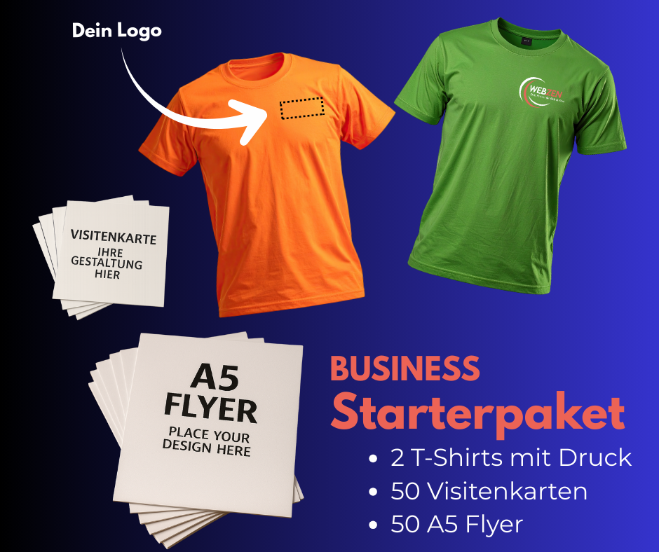 Business Starterpaket – zwei T-Shirts mit Druck, 50 Visitenkarten und 50 A5 Flyer als Werbepaket