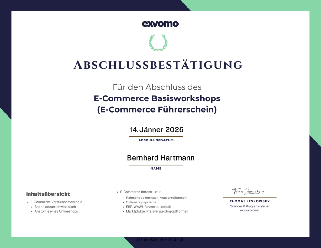 Abschlussbestätigung für einen E-Commerce Basisworkshop im Bereich Webdesign