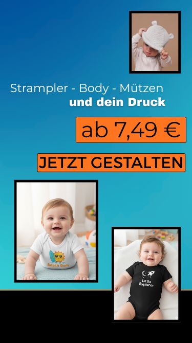Personalisierte Babybekleidung wie Strampler, Bodys und Mützen mit individuellem Druck – gestaltbar ab 7,49 Euro