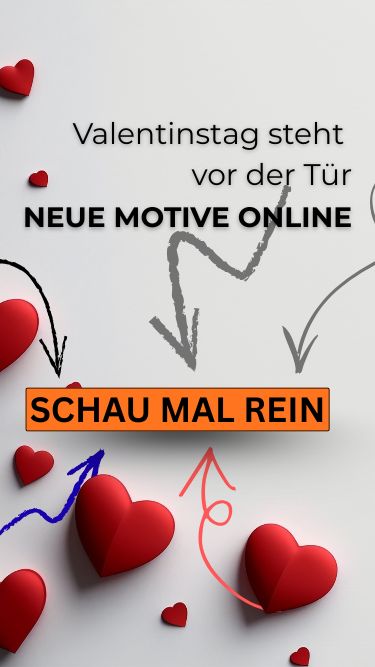 Valentinstag-Grafik mit roten Herzen und Hinweis auf neue Motive – Einladung zum Entdecken personalisierter Geschenkideen