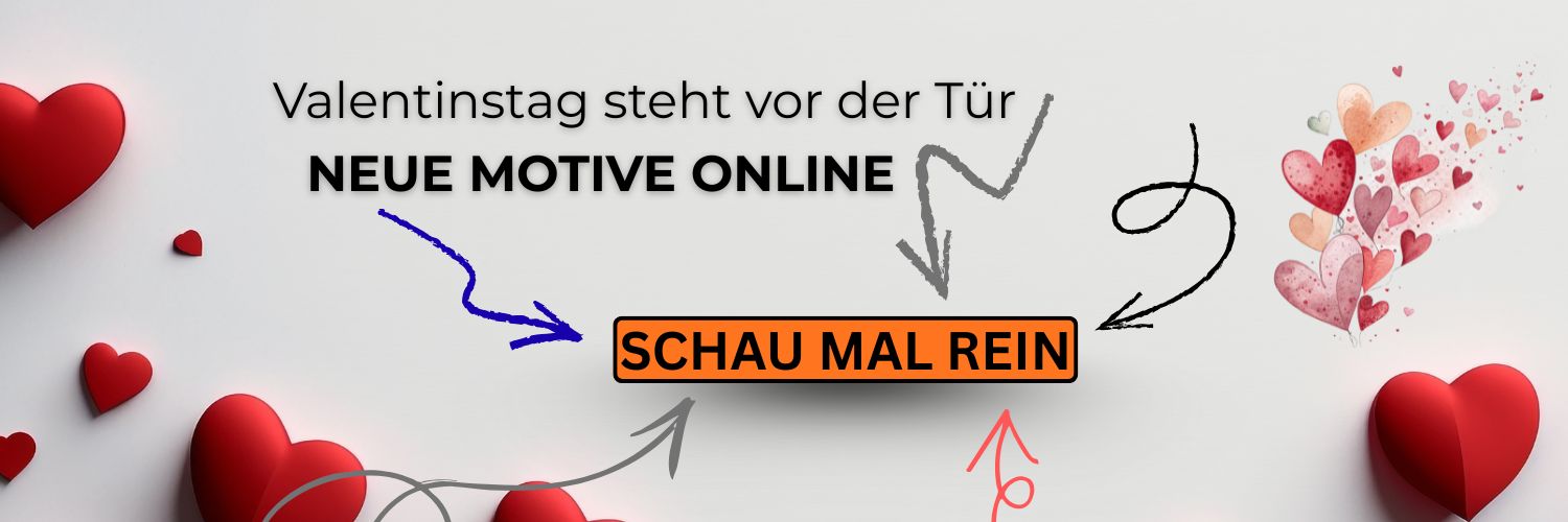Valentinstag-Grafik mit roten Herzen und Hinweis auf neue Motive – Call-to-Action zum Entdecken personalisierter Geschenkideen
