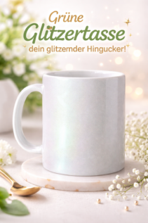 Grün schimmernde Glitzertasse als Beispiel zum Tasse bedrucken