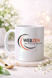 Grün schimmernde Glitzertasse mit WebZen Logo als Beispiel zum Tasse bedrucken