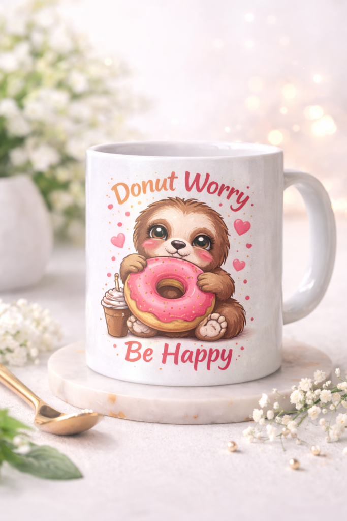 Weiße Tasse mit Faultier-Motiv und Spruch als Beispiel für Tasse bedrucken