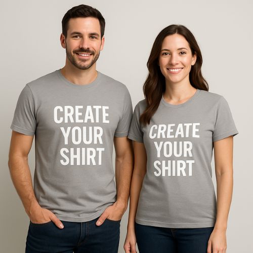 Mann und Frau tragen graue T-Shirts mit Aufdruck „Create Your Shirt“ – personalisierbare T-Shirts für eigene Designs