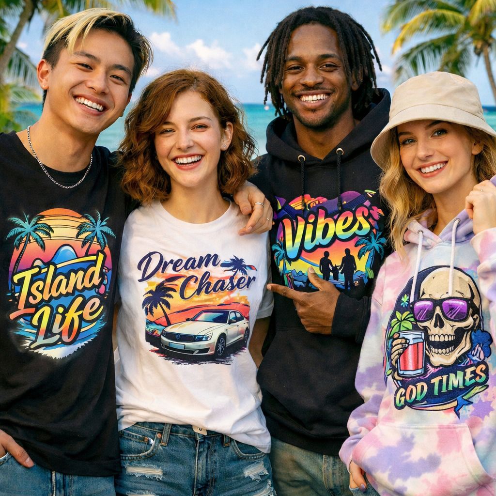 Menschen tragen individuell bedruckte T-Shirts und Hoodies