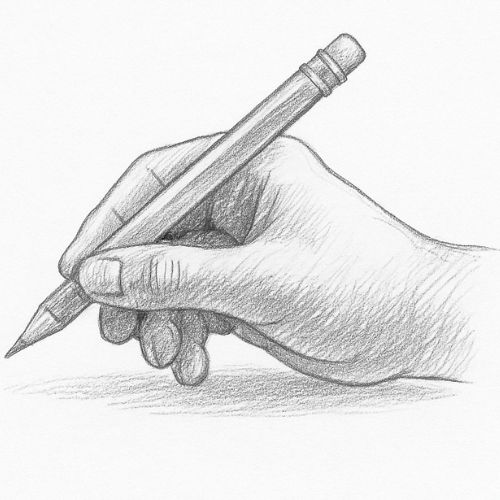 Bleistiftzeichnung einer Hand, die mit einem Stift schreibt – symbolisch für kreatives Design, Planung und Konzeptentwicklung