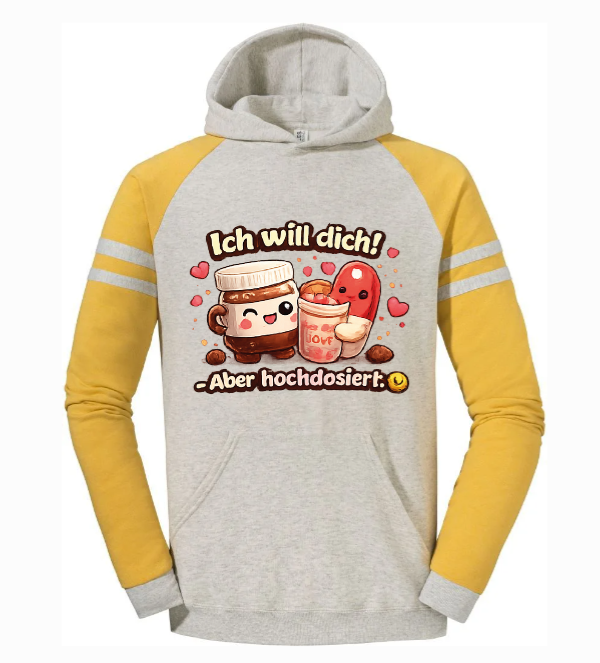 Zweifarbiger Hoodie mit Comic-Motiv und Spruch als Beispiel zum Hoodie bedrucken