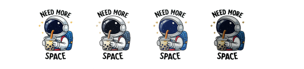 Illustration eines Astronauten mit Getränk und Schriftzug „Need more space“ auf transparentem Hintergrund