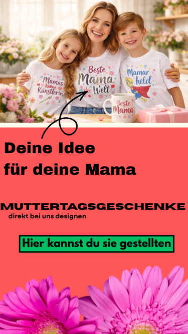 Mutter mit Kindern in personalisierten T-Shirts und Tasse als Geschenkidee für besondere Anlässe