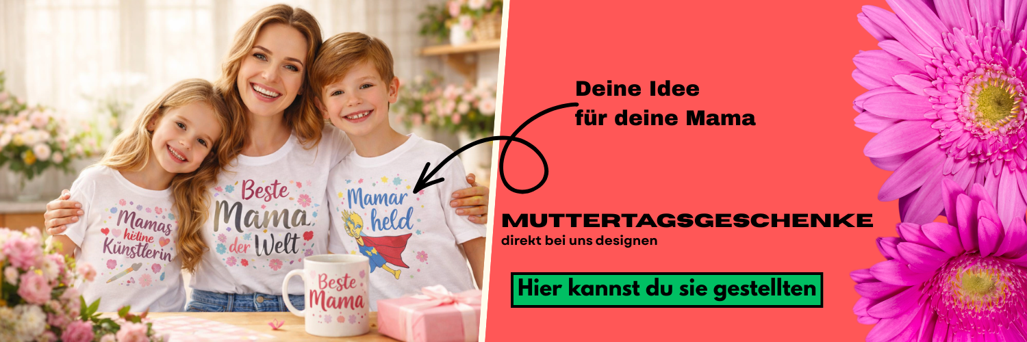 Mutter mit Kindern in personalisierten T-Shirts und Tasse als Geschenkidee für besondere Anlässe