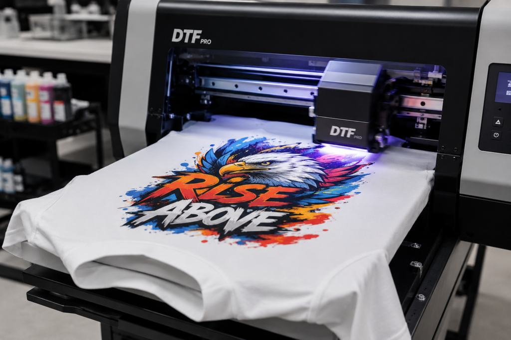 Professionelle DTF Druckmaschine beim Bedrucken eines weißen T-Shirts mit farbigem Motiv in einer modernen Druckerei