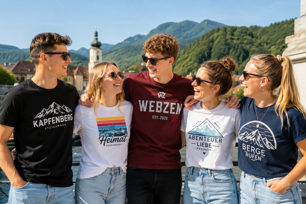 Gruppe junger Menschen mit individuell bedruckten T-Shirts im Freien in Österreich