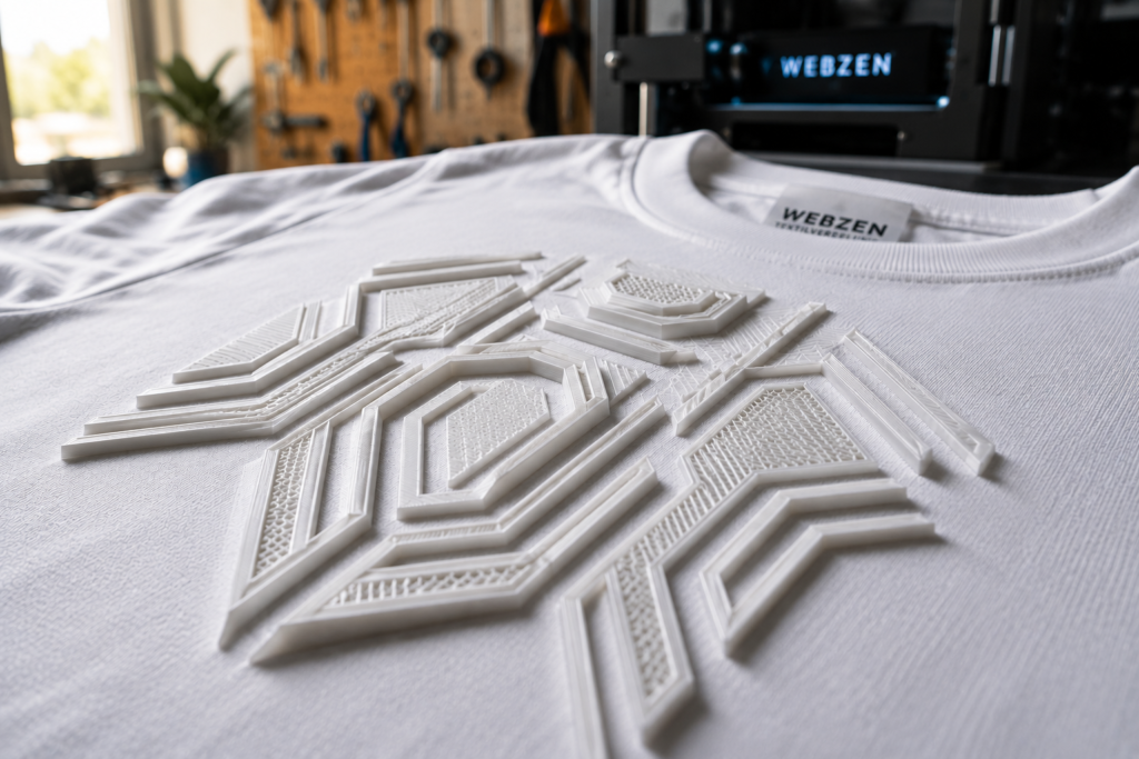 3D Textildruck mit erhabenem geometrischem Design auf weißem T-Shirt