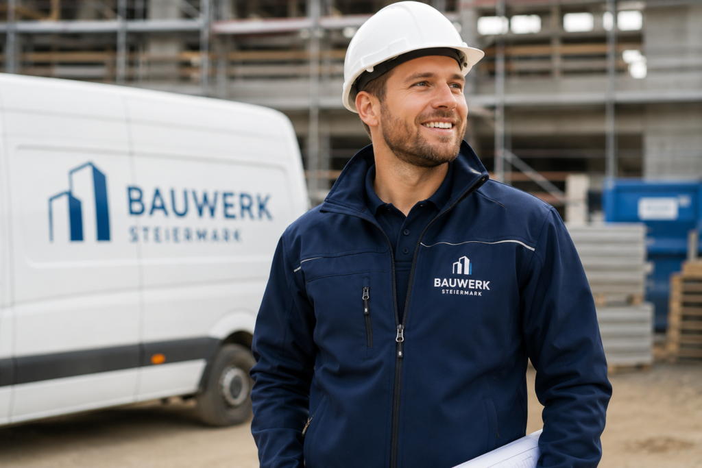 Mitarbeiter mit bedruckter Arbeitsjacke und Firmenlogo auf Baustelle