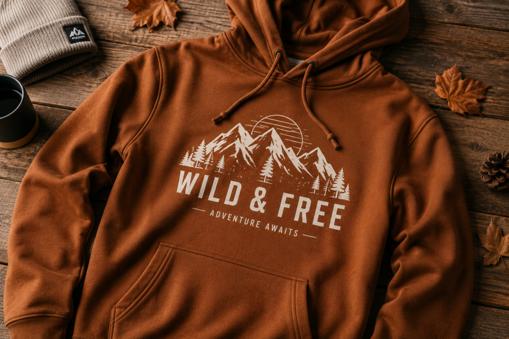 Bedruckter Hoodie mit individuellem Frontmotiv auf Holzoberfläche im Lifestyle Stil
