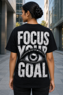Frau von hinten trägt ein schwarzes Focus Your Goal T-Shirt mit großem weißem Eye Design und grunge Typografie zwischen modernen Gebäuden.