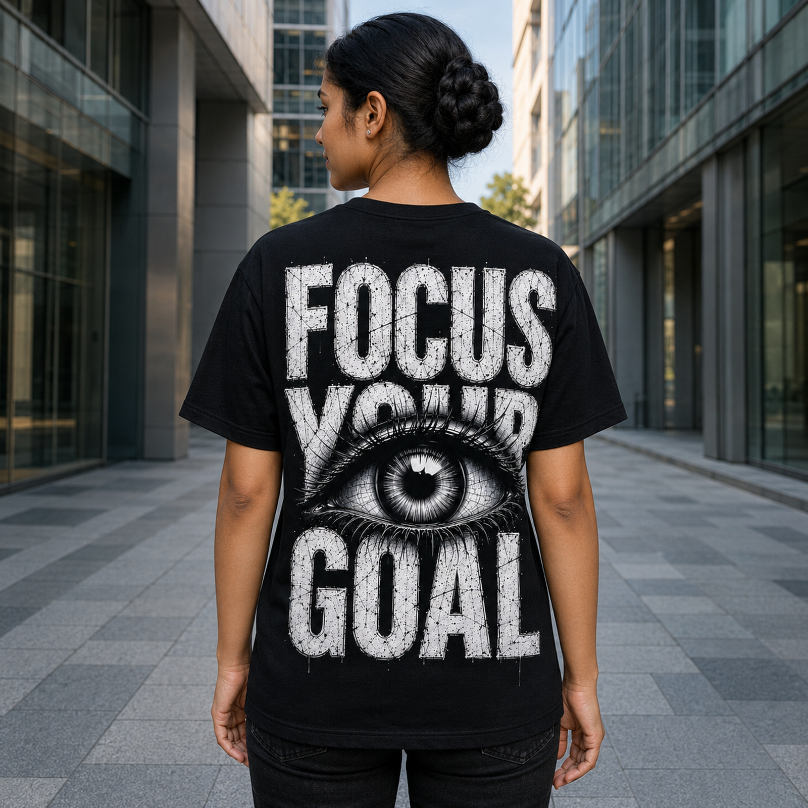 Frau von hinten trägt ein schwarzes Focus Your Goal T-Shirt mit großem weißem Eye Design und grunge Typografie zwischen modernen Gebäuden.