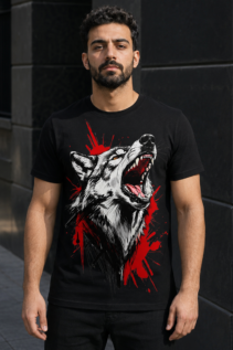 Mann trägt schwarzes T-Shirt mit heulendem Wolf und roten Spritzern, steht draußen vor dunkler Gebäudewand.