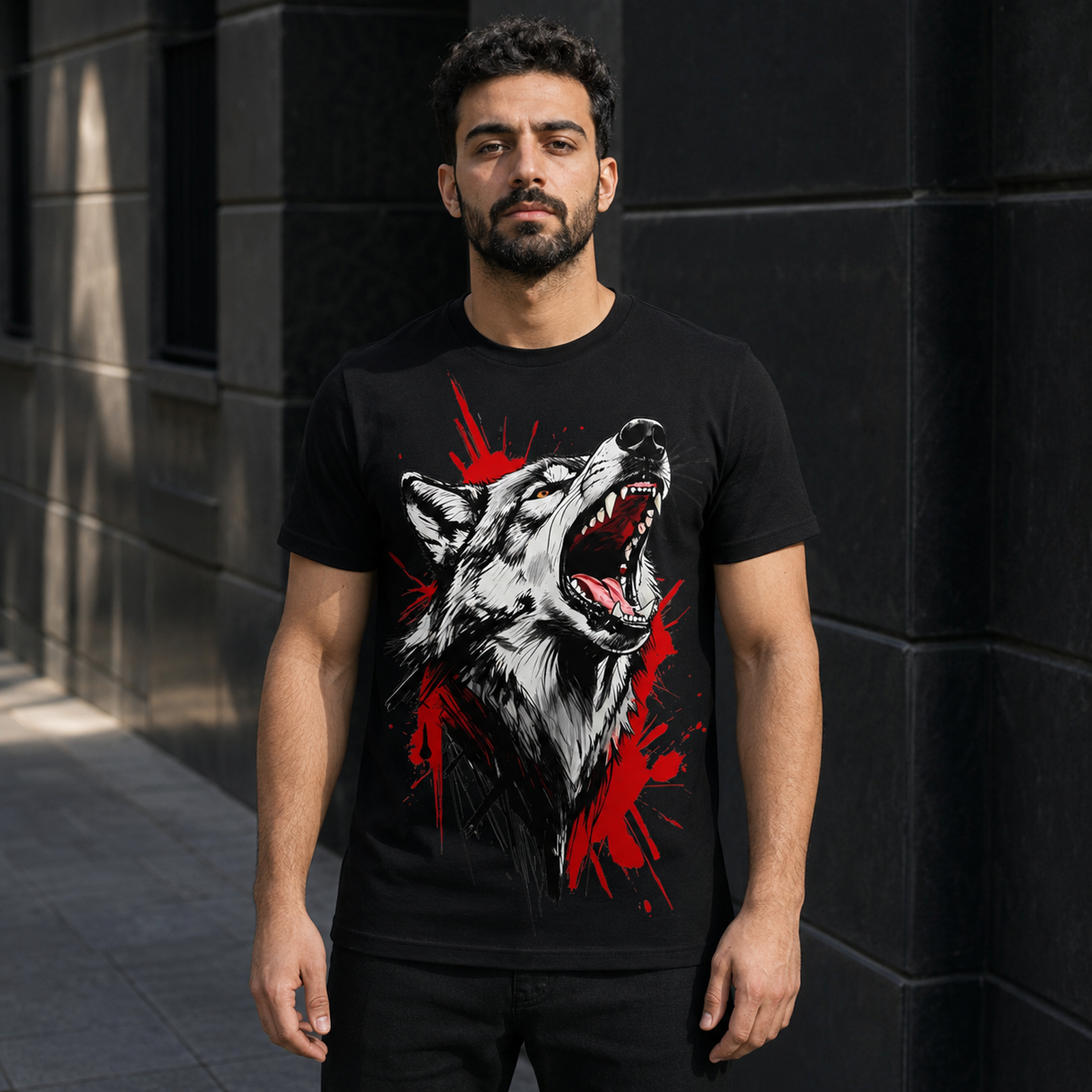 Mann trägt schwarzes T-Shirt mit heulendem Wolf und roten Spritzern, steht draußen vor dunkler Gebäudewand.