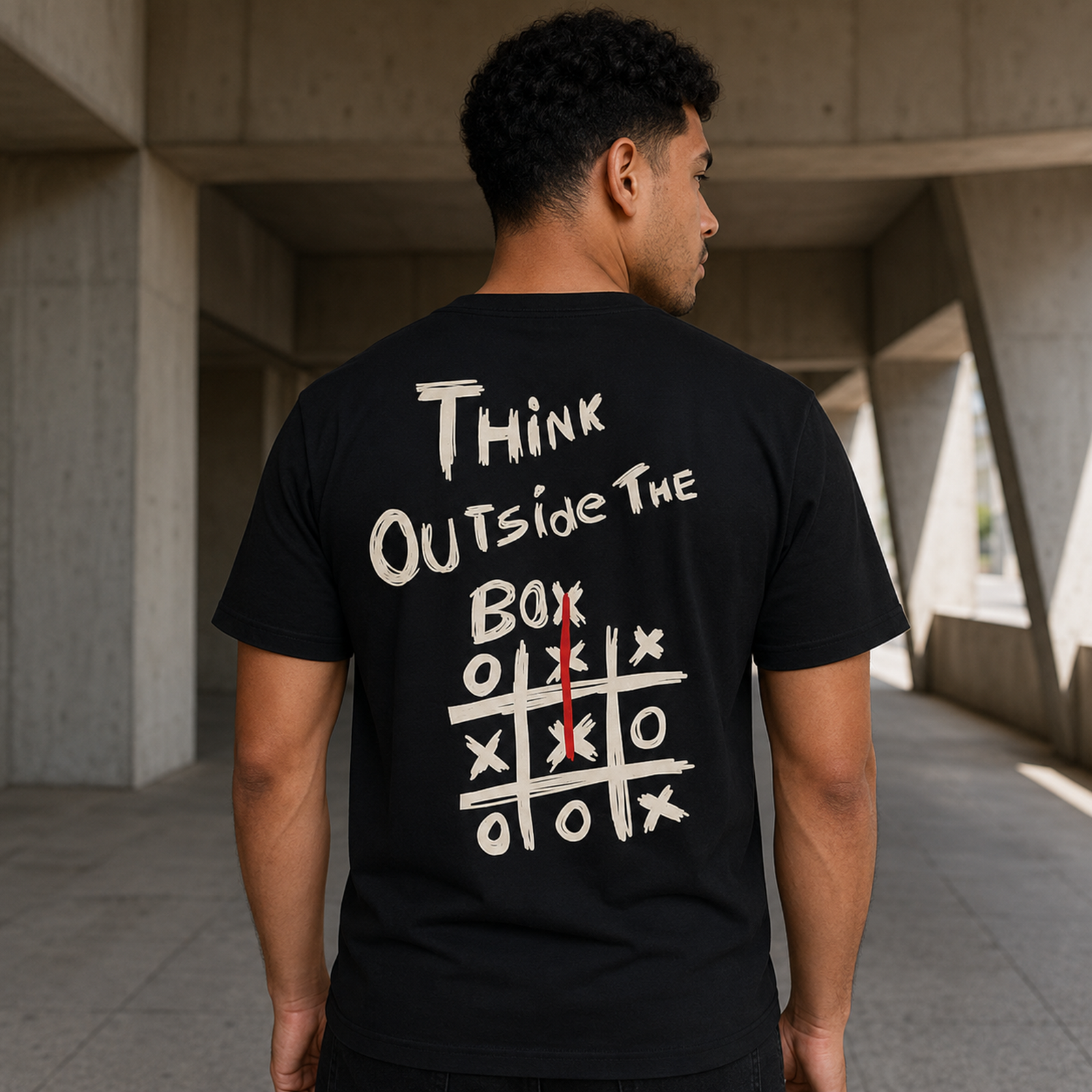 Rückansicht eines Mannes in schwarzem T-Shirt mit dem Schriftzug „Think Outside the Box“, aufgenommen in einem modernen Beton-Gang.