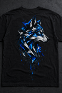 Schwarzes T-Shirt mit großem geometrischen Wolfskopf-Design in Blau, Weiß und Schwarz, flach auf dunklem Untergrund gelegt.