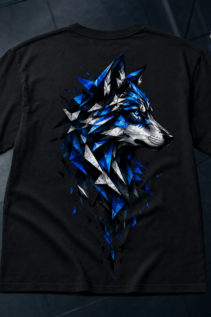 Schwarzes T-Shirt mit blau-weißem geometrischem Wolf, flach präsentiert auf dunklem Hintergrund, moderner Print im Stil von Wolfskopf Design.