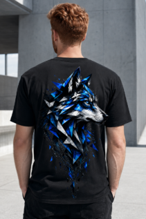 Mann von hinten trägt ein schwarzes T-Shirt mit großem blauem Wolfskopf Design auf dem Rücken, draußen in moderner Architektur.