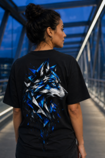 Frau von hinten trägt ein schwarzes T-Shirt mit großem abstraktem Tiermotiv eines blauen Wolfes, auf einer Fußgängerbrücke bei Nacht.