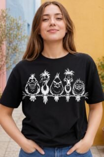 Frau in schwarzem T-Shirt mit weißem frechen Vogel-Grafikdruck steht draußen vor pastellfarbener Wand, entspannte Frontansicht.
