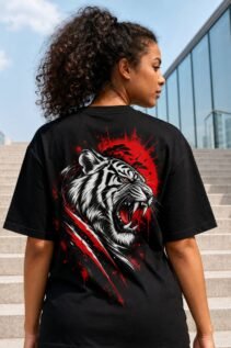 Schwarzes Tiermotiv Shirt von hinten an einer Person mit lockigem Haar, vor heller Treppe und Glasgebäude im Freien.