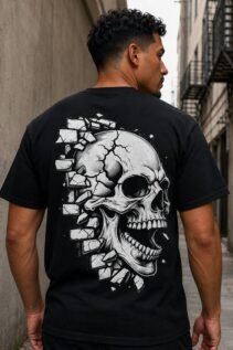 Schwarzes Totenkopf Shirt an einem Mann von hinten in einer engen Gasse, großes weißes Gothic Tshirt Motiv mit rauem Stadtflair.