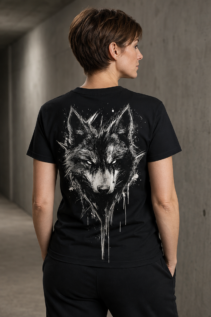 Rückansicht einer Frau in schwarzem Wolf T-Shirt mit weißem Wolfskopf auf dem Rücken, in einem grauen Betongang stehend.