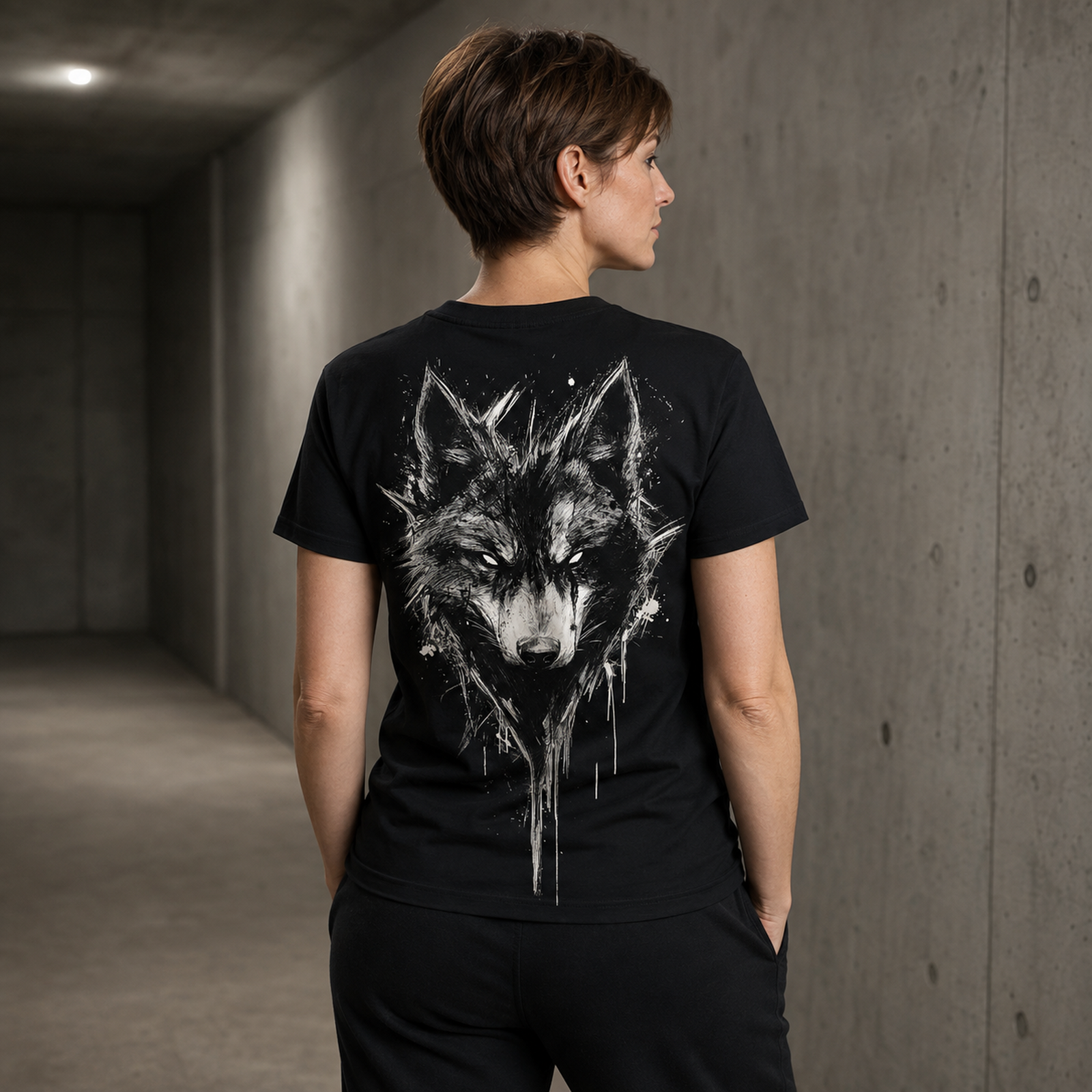 Rückansicht einer Frau in schwarzem Wolf T-Shirt mit weißem Wolfskopf auf dem Rücken, in einem grauen Betongang stehend.