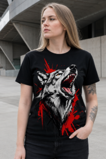 Frau mit schwarzem T-Shirt und großem heulendem Wolf-Motiv in Weiß und Rot, steht vor moderner Betonarchitektur.