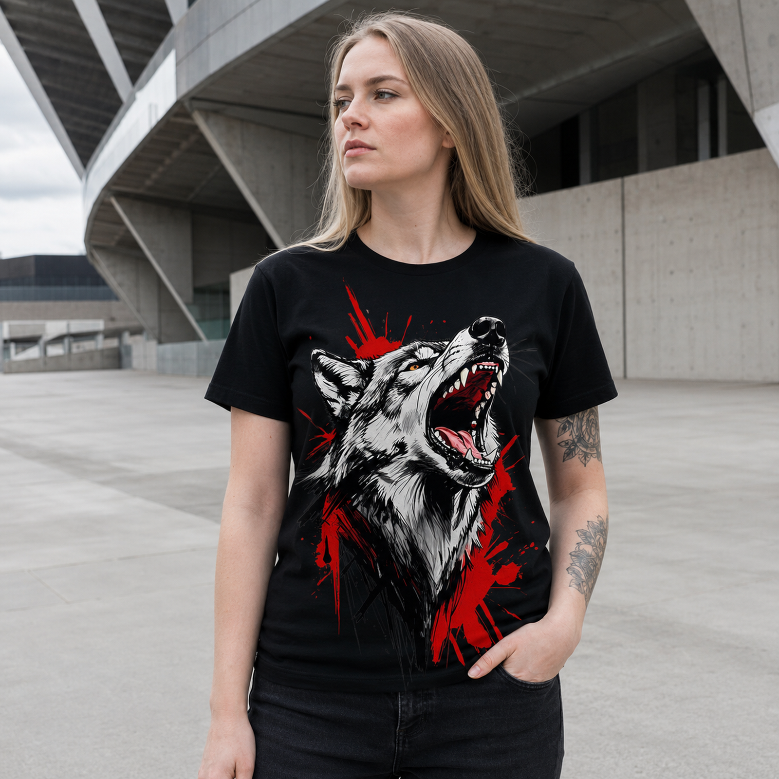Frau mit schwarzem T-Shirt und großem heulendem Wolf-Motiv in Weiß und Rot, steht vor moderner Betonarchitektur.