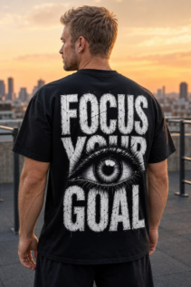 Mann von hinten trägt ein schwarzes Focus Your Goal T-Shirt mit weißem Auge und auffälliger Schrift auf einer Dachterrasse bei Sonnenuntergang.