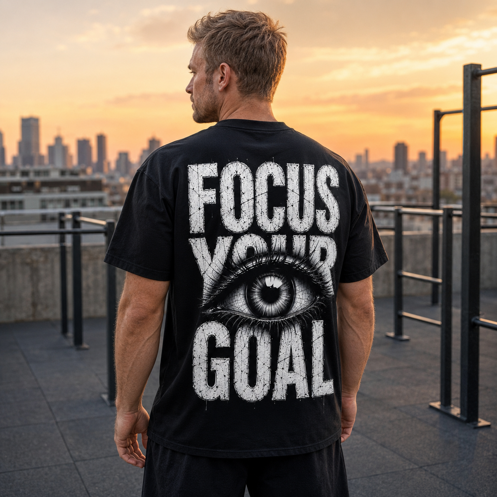Mann von hinten trägt ein schwarzes Focus Your Goal T-Shirt mit weißem Auge und auffälliger Schrift auf einer Dachterrasse bei Sonnenuntergang.