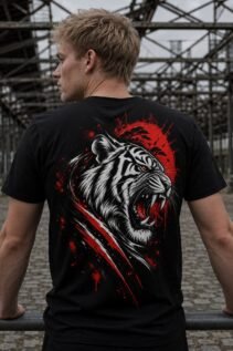Schwarzes Streetwear Shirt von hinten an einer Person mit blondem Haar, vor Industrie-Gebäude und Metallkonstruktion im Freien.