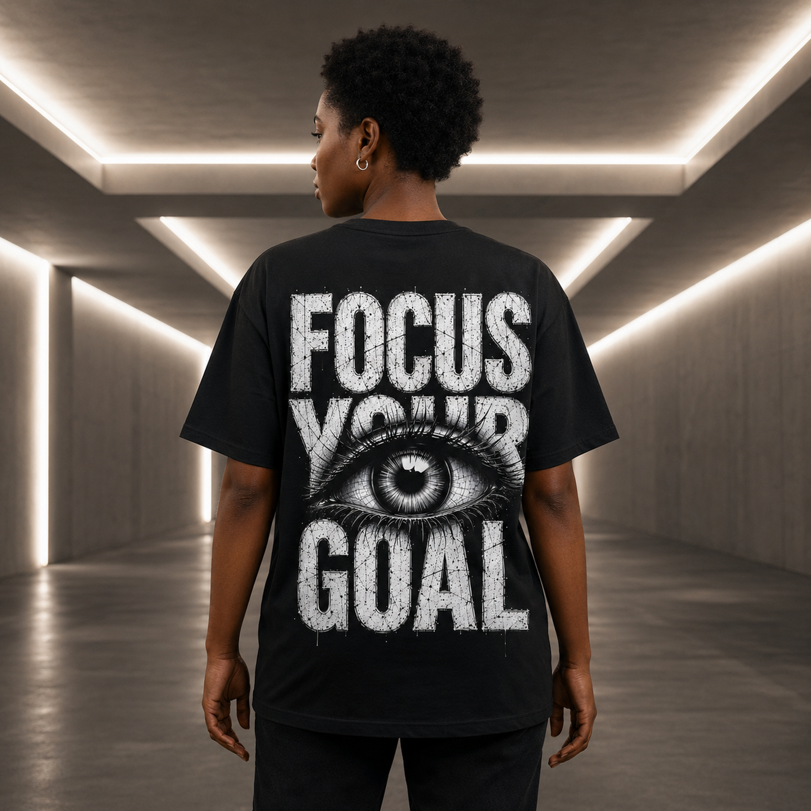 Person von hinten trägt ein schwarzes Focus Your Goal T-Shirt mit weißem Augenmotiv und grunge Grafik in einem modernen Flur.
