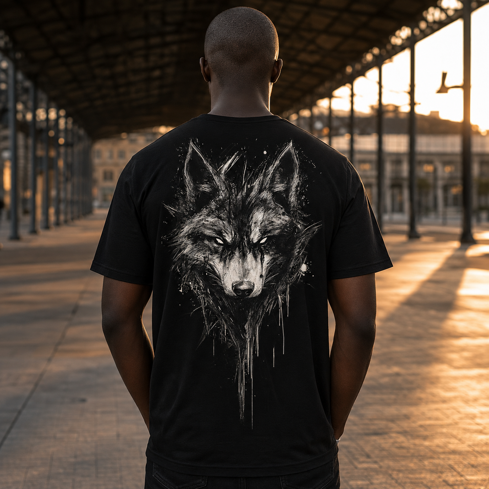 Rückansicht eines Mannes in schwarzem T-Shirt mit großem Wolfskopf-Print, draußen in einer hellen Industriehalle bei Sonnenlicht.
