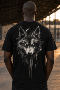 Mann von hinten in schwarzem T-Shirt mit Wolfskopf-Print, im Gegenlicht einer offenen Halle, streetwear tee mit dunklem Design.