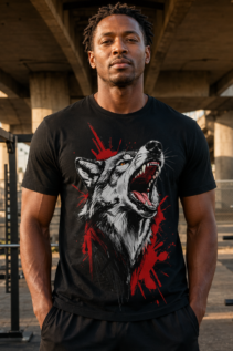 Mann in schwarzem Wolf-T-Shirt steht unter einer Brücke im Fitnessbereich, das Motiv zeigt einen heulenden Wolf mit roten Akzenten.
