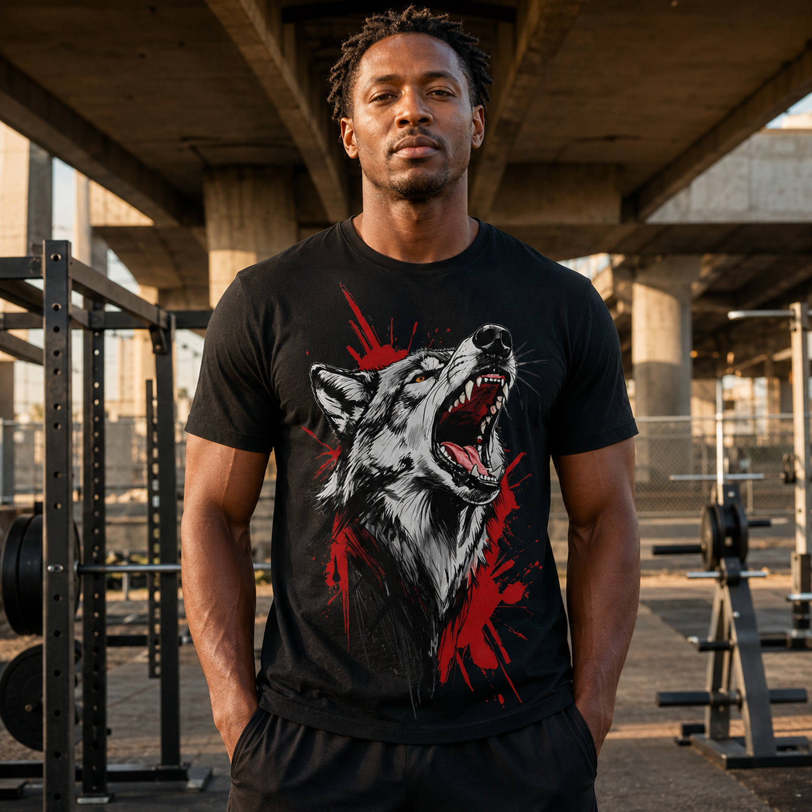 Mann in schwarzem Wolf-T-Shirt steht unter einer Brücke im Fitnessbereich, das Motiv zeigt einen heulenden Wolf mit roten Akzenten.
