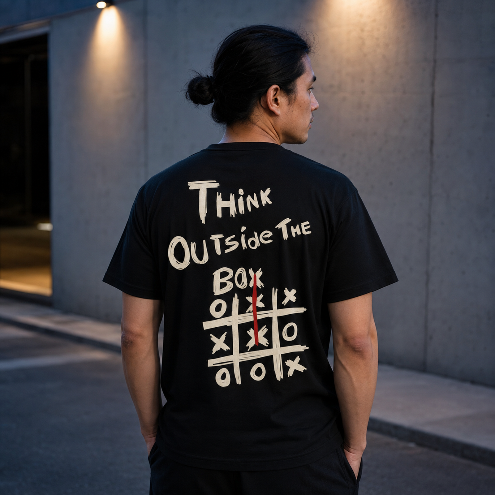 Rückansicht eines Mannes im schwarzen T-Shirt mit großem „Think Outside the Box“-Aufdruck, draußen vor einer grauen Betonwand.