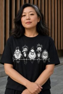 Frau trägt schwarzes Unisex T-Shirt mit weißem frechen Vogelmotiv vor moderner Fassade, frontale Ansicht mit verschränkten Armen.