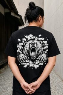 Person mit dunklem Haar trägt ein schwarzes T-Shirt mit großem brüllender Bär Motiv auf dem Rücken, im schmalen Innenhof von hinten.