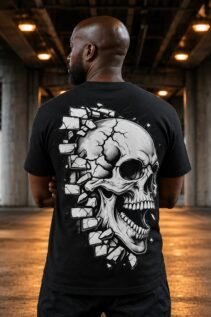 Schwarzes T-Shirt mit großem weißen Totenkopf-Print an einem Mann von hinten, aufgenommen unter einer Brücke mit dunkler Industrie-Atmosphäre.